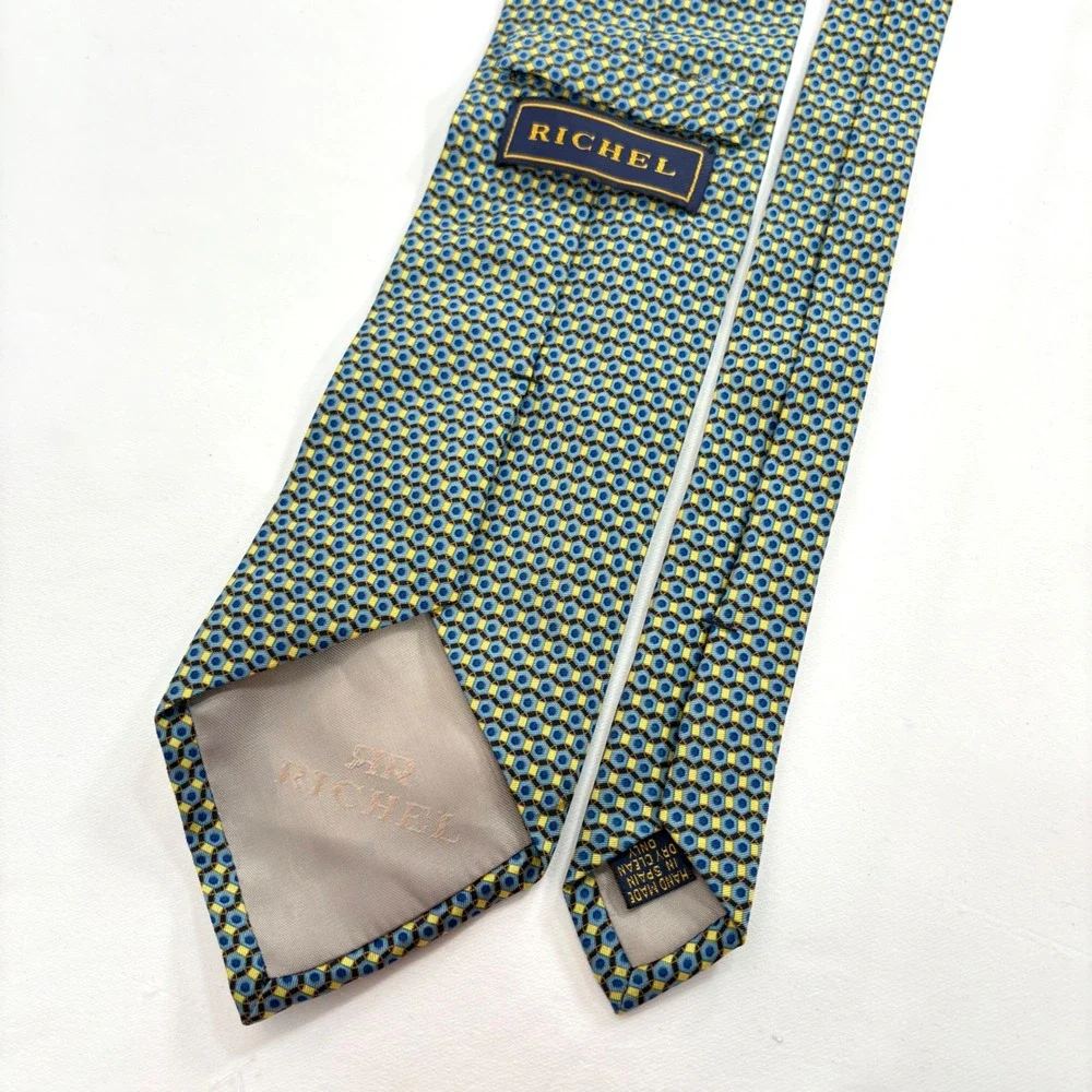 Richel Necktie Blue Yellow Geometric Honeycomb Silk Hand Made Spain